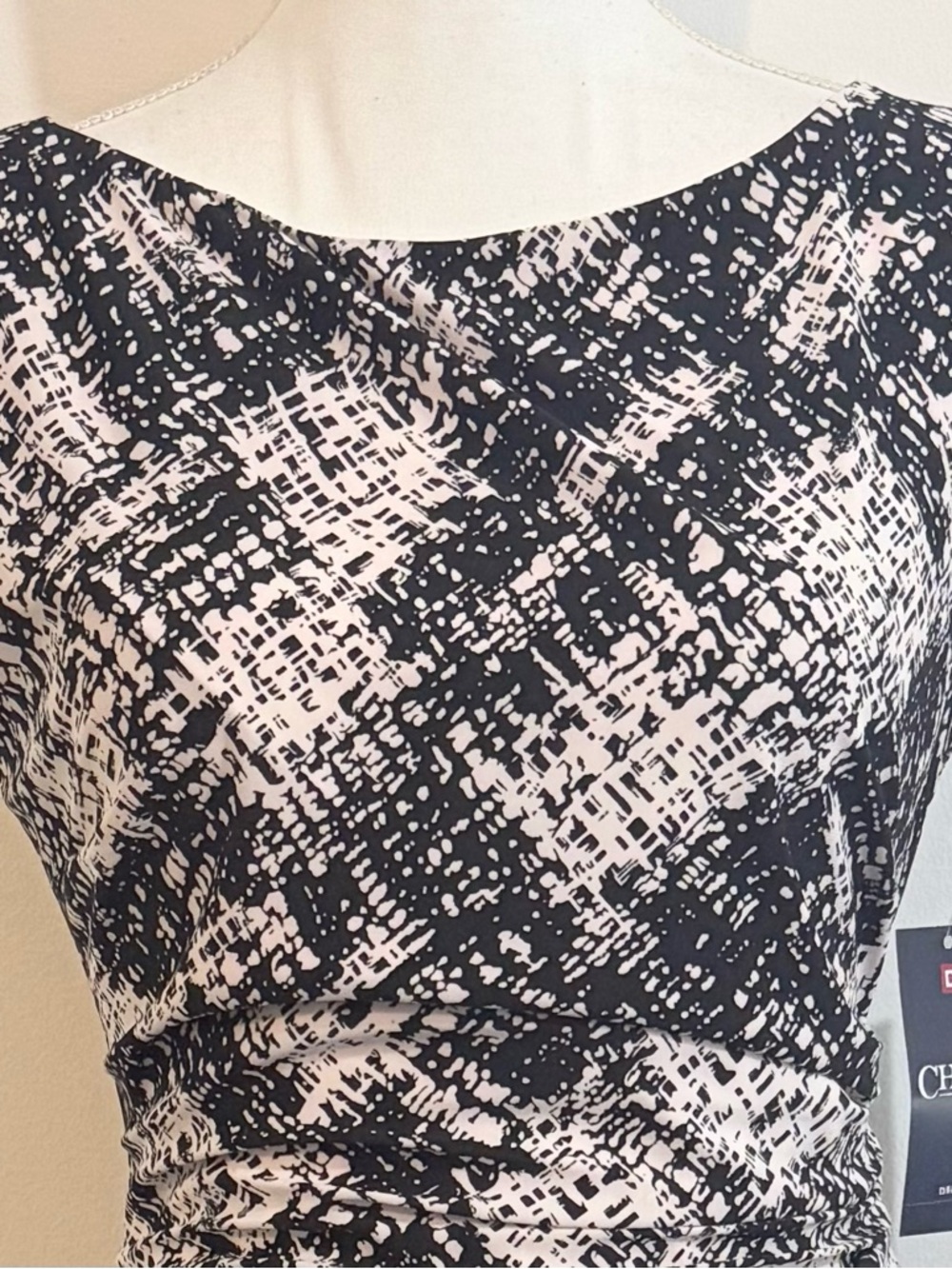 NWT Chaps Black White Abstract Ruched Sheath Dress Size Large - Picture 4 of 9
